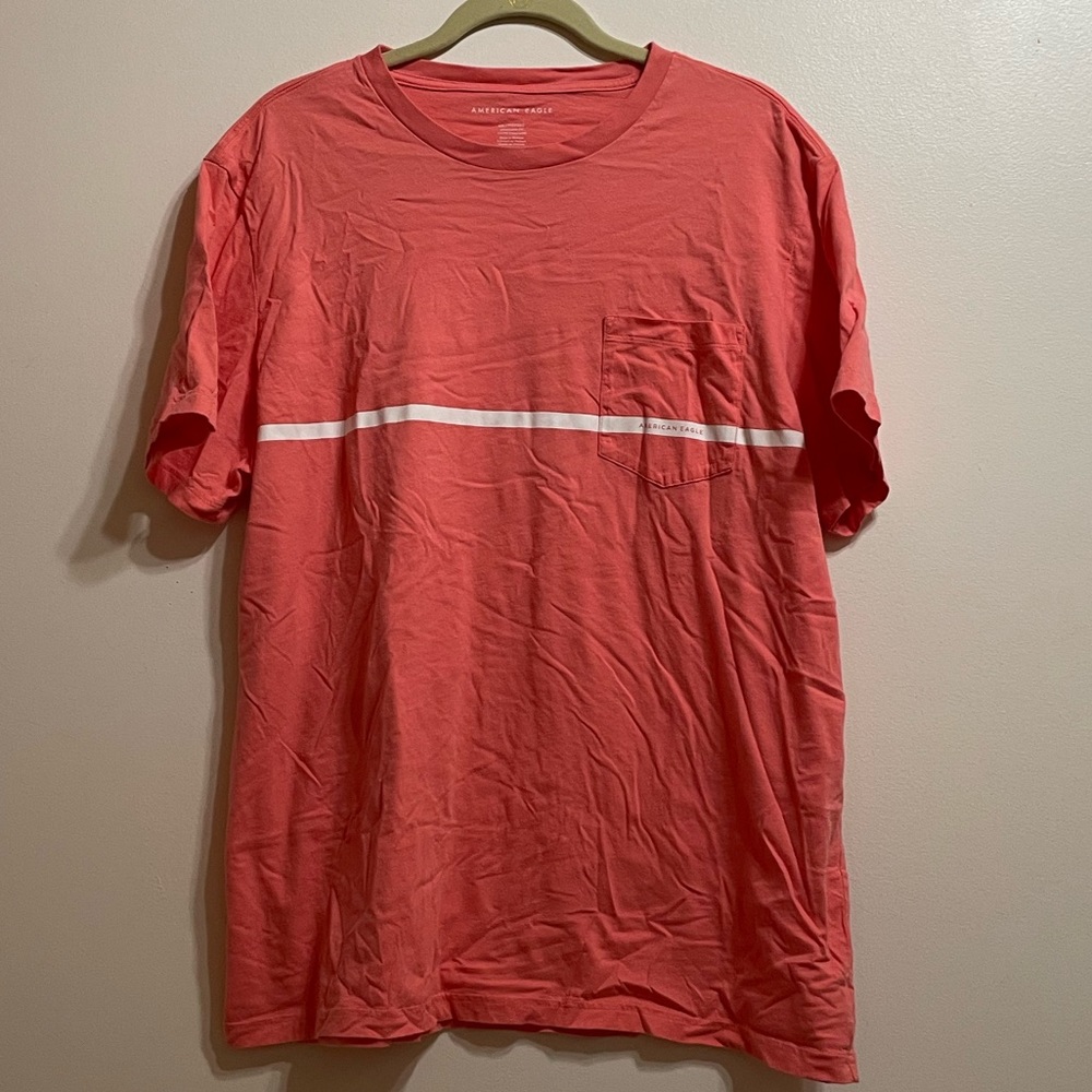 American Eagle Peach and White Striped Pocket T-Shirt